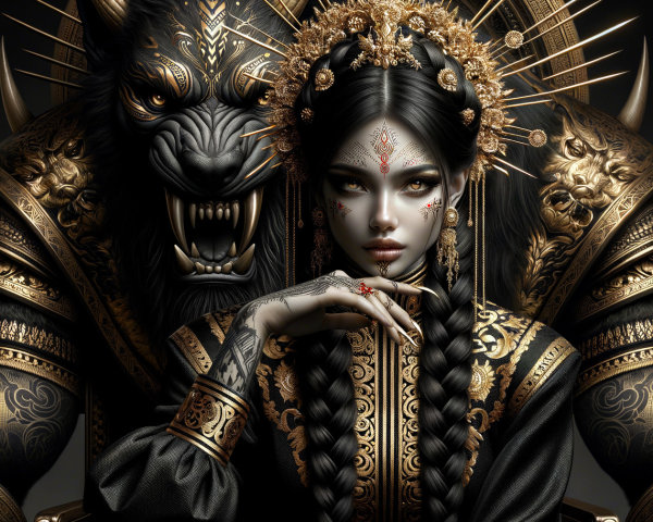 Woman in Gold Attire with Armored Beast Background