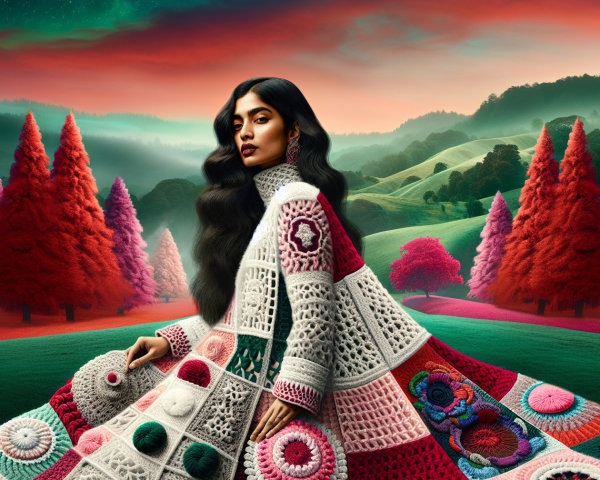 Woman in Crochet Gown in Vibrant Landscape Scene