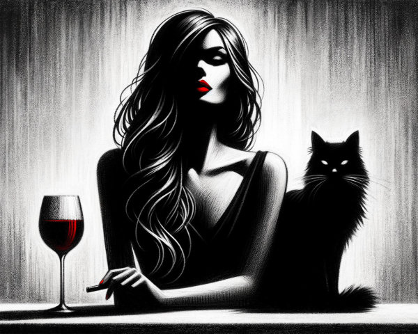 Sophisticated woman with cat in dramatic shadow setting