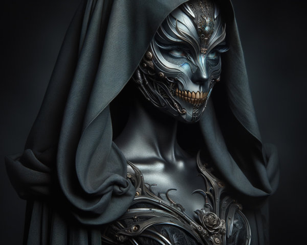 Futuristic humanoid figure with biomechanical features