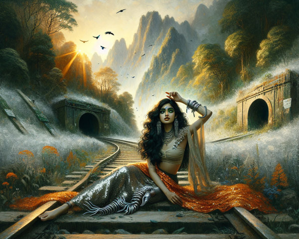 Vibrant Woman in Traditional Indian Attire on Railway Track