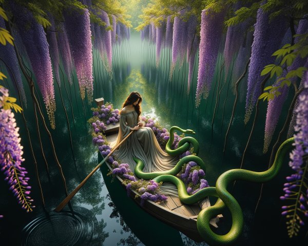 Woman in boat surrounded by wisteria and greenery