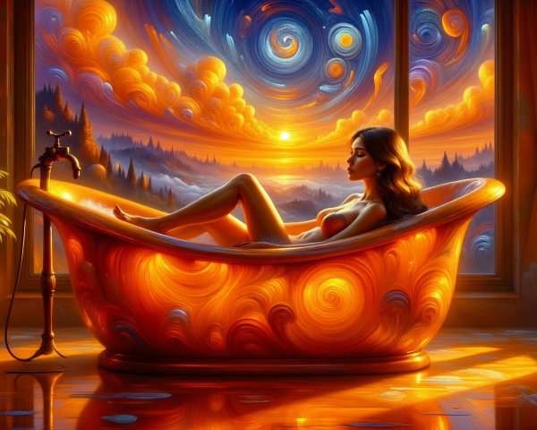 Surreal Bath Scene with Sunset and Cozy Interior