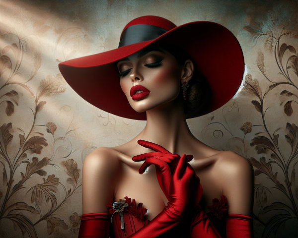 Elegant Woman in Red Hat and Floral Gown