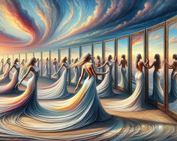 Surreal Landscape with Mirrors and Ethereal Reflections