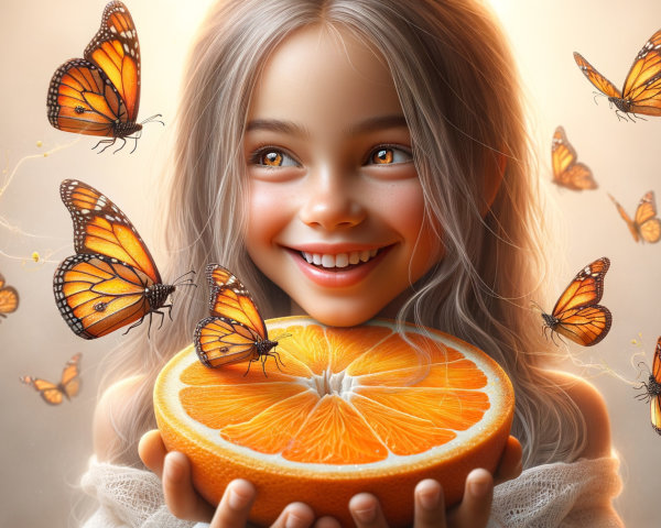 Young girl with orange slice and butterflies in nature