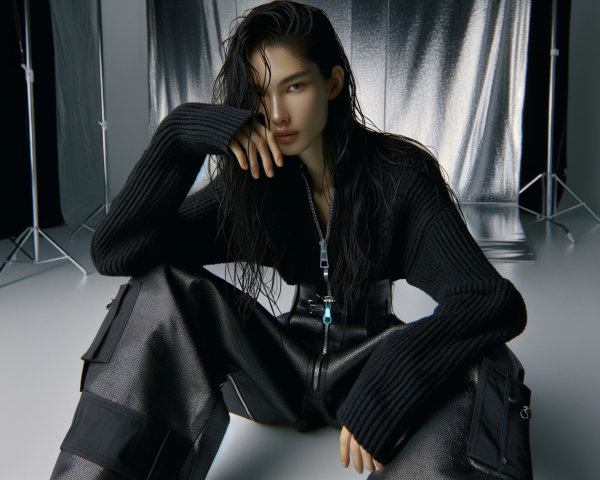 Model in Black Sweater and Trousers with Metallic Backdrop