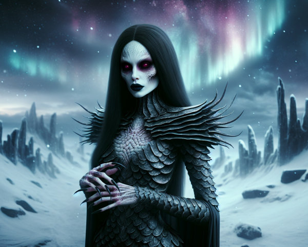 Mystical Figure in Icy Landscape with Aurora Borealis