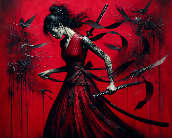 Female warrior in red dress with katana and crows