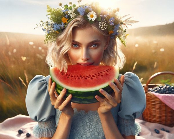Young woman with watermelon in sunny field setting