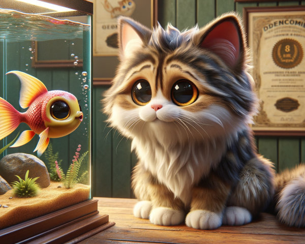 Fluffy Cartoon Cat Beside Playful Goldfish Tank