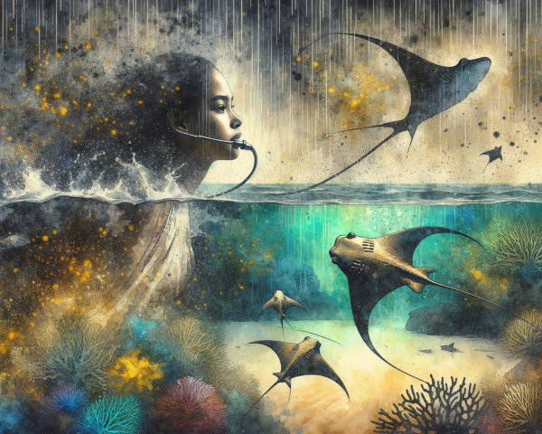 Underwater Scene with Woman, Manta Rays, and Coral