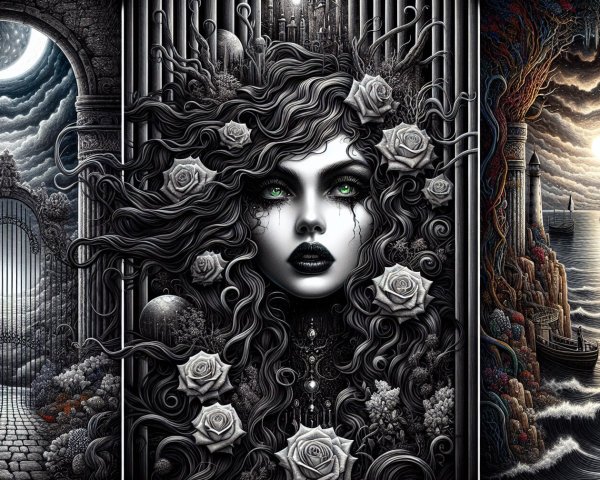 Intricate Black and White Triptych with Diverse Themes