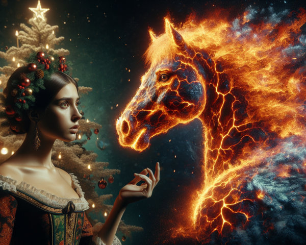 Profile of a Woman with Christmas Wreath and Fiery Horse