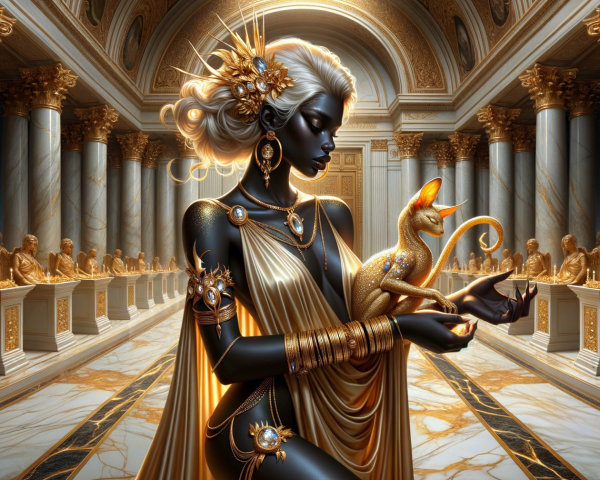 Regal Figure in Opulent Hall with Golden Cat
