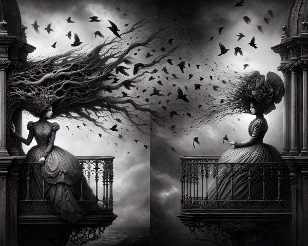 Surreal Scene of Women on Balconies with Birds and Clouds