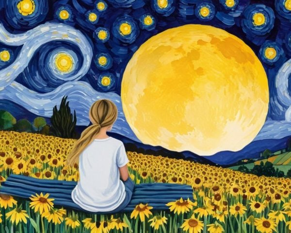 Girl in Sunflower Field Under Moon and Stars