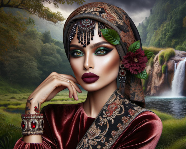 Elegant Woman in Lush Landscape with Waterfall