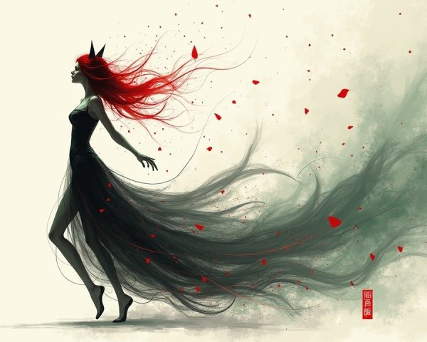 Silhouette of Woman in Black Dress with Red Hair