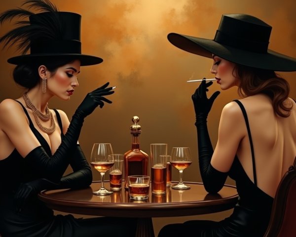 Elegant Women in Black Gowns at a Round Table