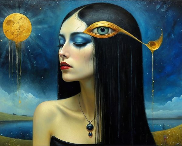 Serene Woman with Black Hair in Surreal Night Sky