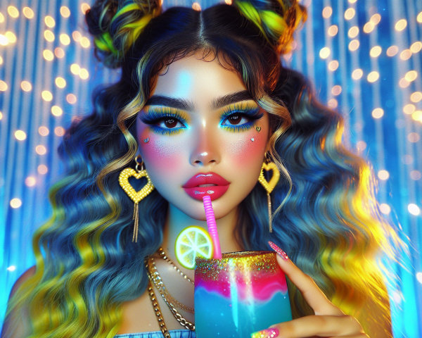Glamorous Woman with Vibrant Hair and Colorful Drink