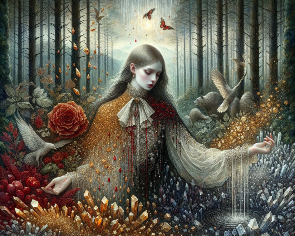 Serene Figure in Mystical Forest with Crystals and Flowers