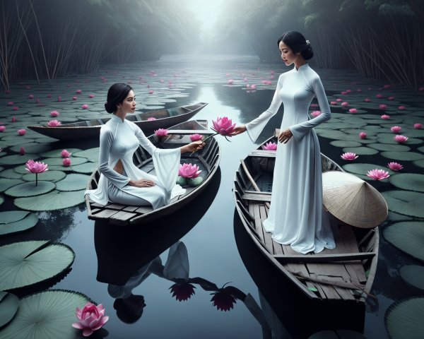 Serene River Landscape with Women in White Áo Dài