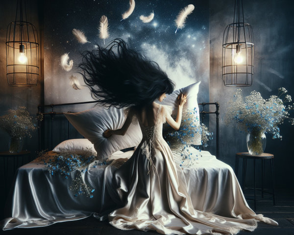 Dreamlike Bedroom with Feathers and Celestial Mural