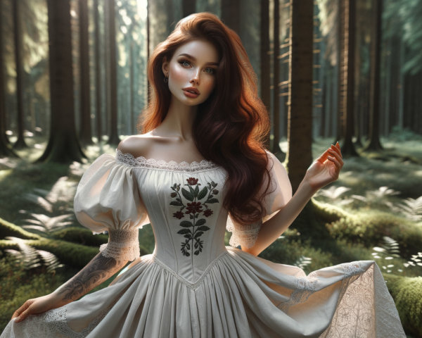 Elegant woman in vintage dress in sunlit forest
