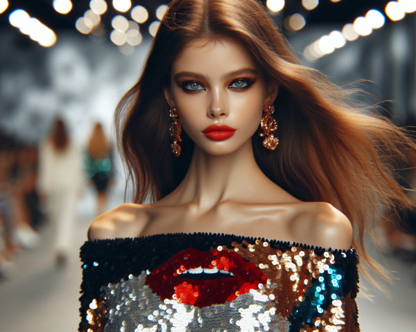 Model in sequined dress with bold lip design on runway