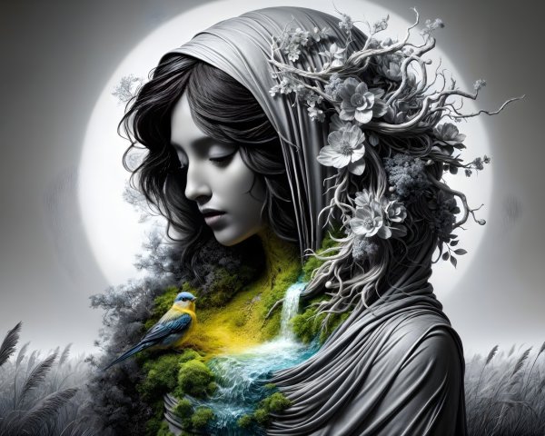 Ethereal Woman in Nature with Flowing Shawl and Light