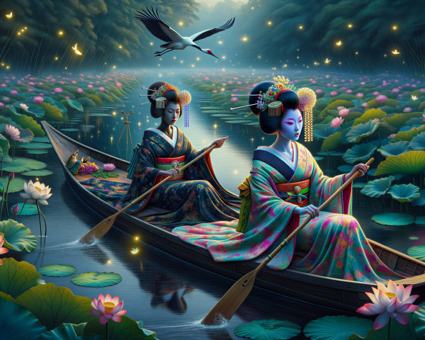Women in Kimonos in a Serene Waterway Scene
