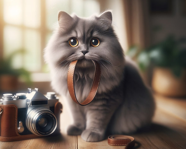 Fluffy Gray Cat with Camera Strap in Cozy Space