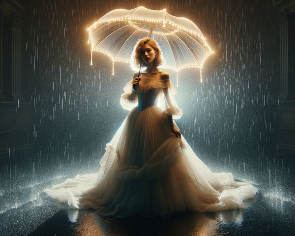 Serene Figure in White Gown with Glowing Umbrella