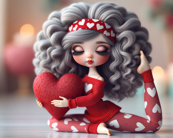 Whimsical Doll with Gray Curls and Red Heart