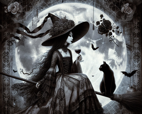 Witch on Broom with Moon, Cat, and Gothic Decor