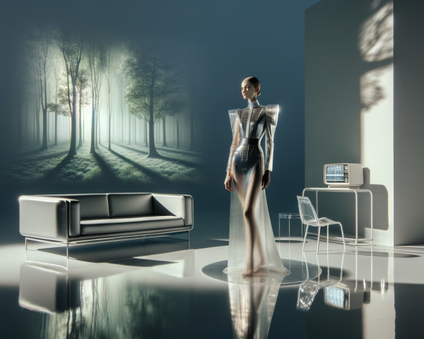 Futuristic Scene with Transparent Outfit and Minimalist Room