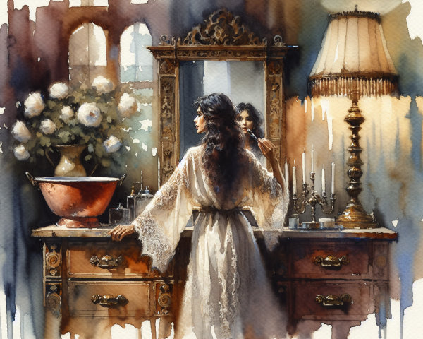 Woman in White Robe Reflecting in Ornate Mirror