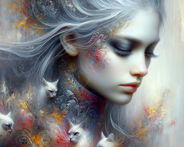 Portrait of a woman with silver hair and mystical cats
