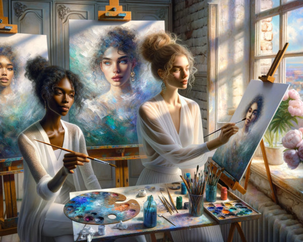 Women Painting Portraits in Sunlit Art Studio