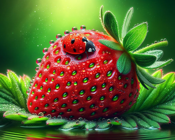 Vibrant Strawberry with Dewdrops and Ladybug on Leaves