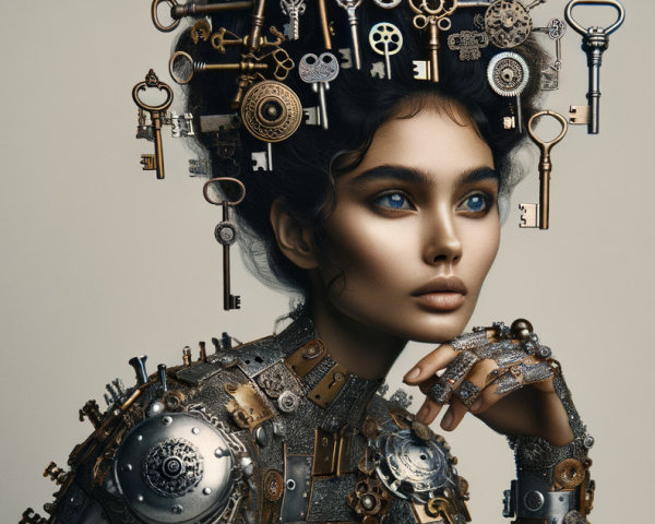 Model with Vintage Key Headdress and Steampunk Outfit