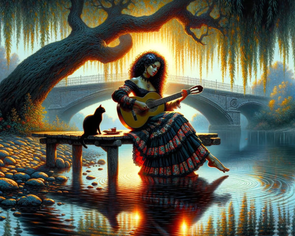 Serene River Scene with Woman, Cat, and Bridge