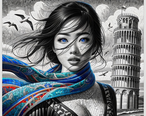 Portrait of a Woman with Blue Eyes and Pisa Background
