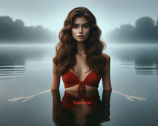 Woman in Red Bikini Surrounded by Misty Water Scene