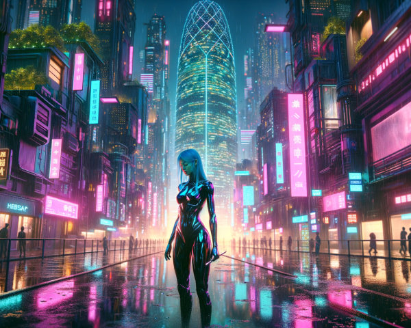 Futuristic cityscape with neon lights and skyscrapers