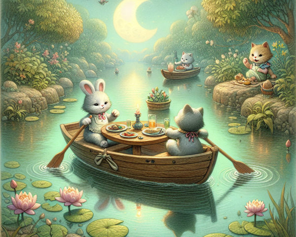 Adorable Animals on a Moonlit Lake Picnic