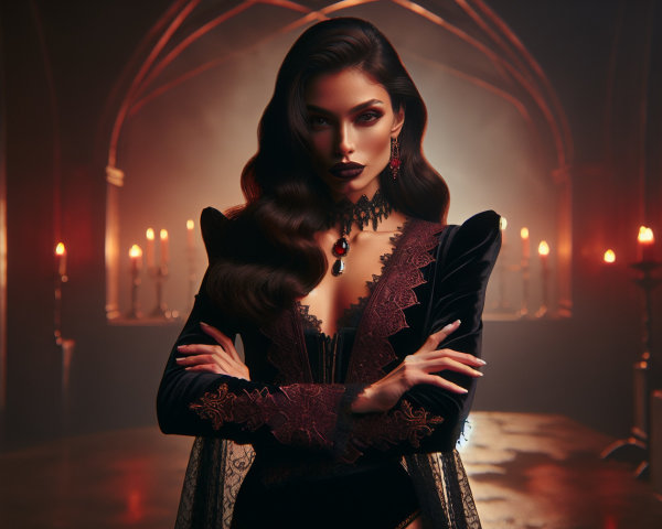 Gothic vampire queen in luxurious black and red gown