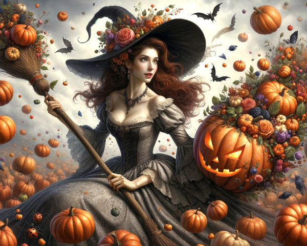 Witch with Red Hair on Broomstick in Autumn Scene